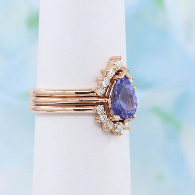 14K PEAR TANZANITE RING DIAMOND V BAND 3 RING SET