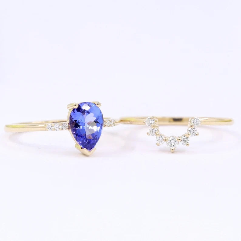 14K PEAR TANZANITE RING DIAMOND CROWN U BAND 2 RING SET