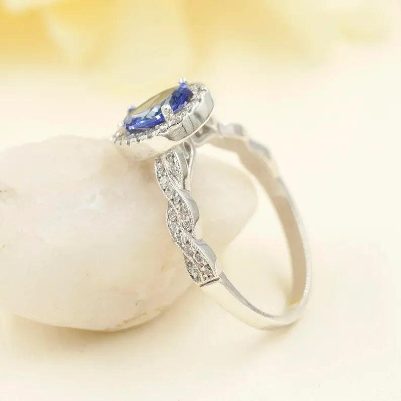 14K PEAR TANZANITE DIAMOND HALO RING DIAMOND TWIST BNAD 2 RING SET