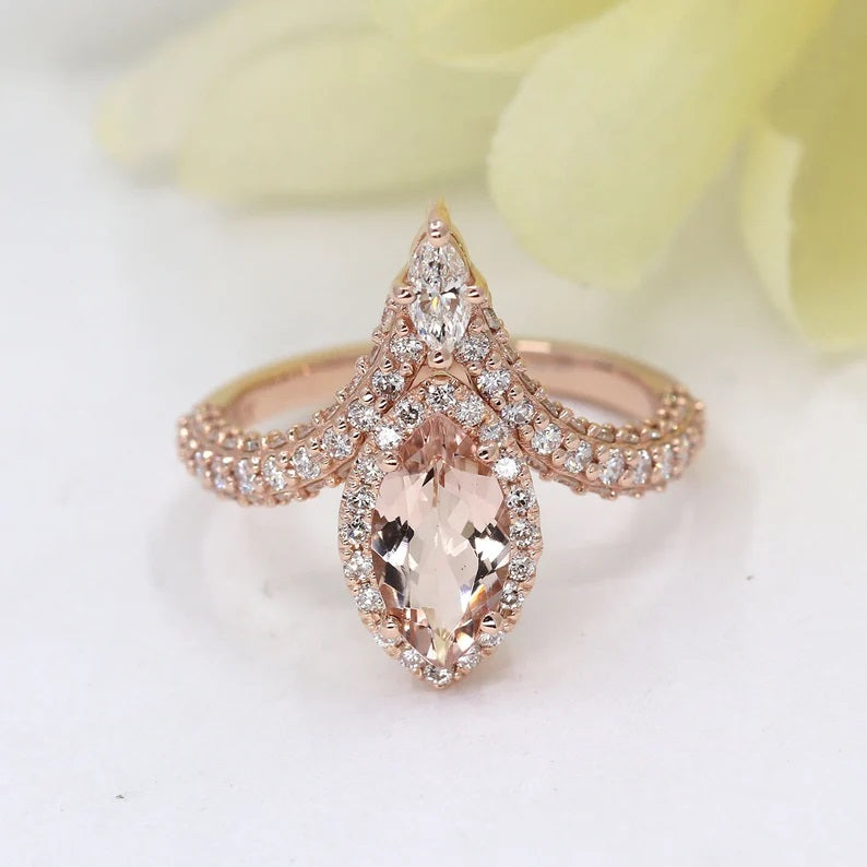 14K MARQUISE MORGANITE DIAMOND HALO CHEVRON RING