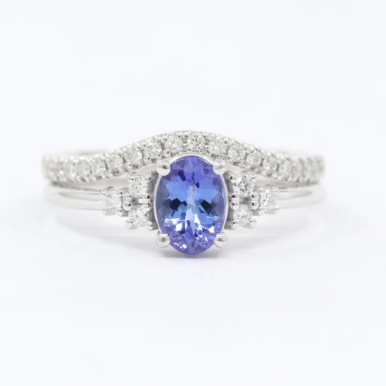 14K TANZANITE DIAMOND CLUSTER RING DIAMOND CURVE BAND 2 RING SET