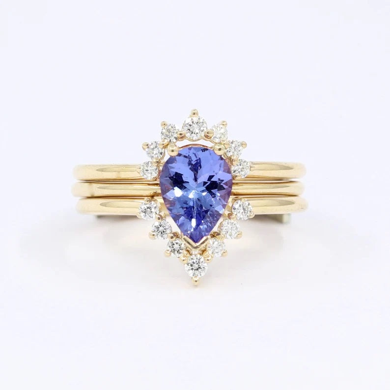 14K PEAR TANZANITE RING DIAMOND V BAND 3 RING SET