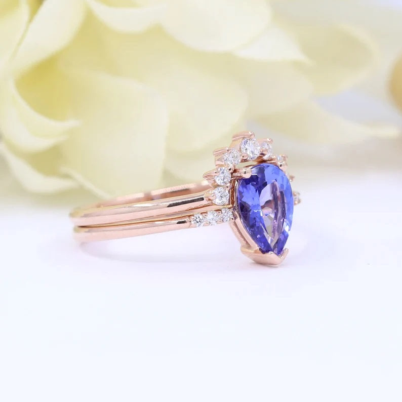 14K PEAR TANZANITE RING DIAMOND CROWN U BAND 2 RING SET