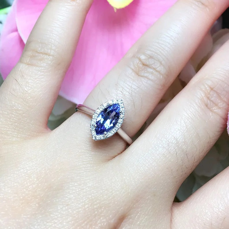 14K MARQUISE TANZANITE DIAMOND HALO RING