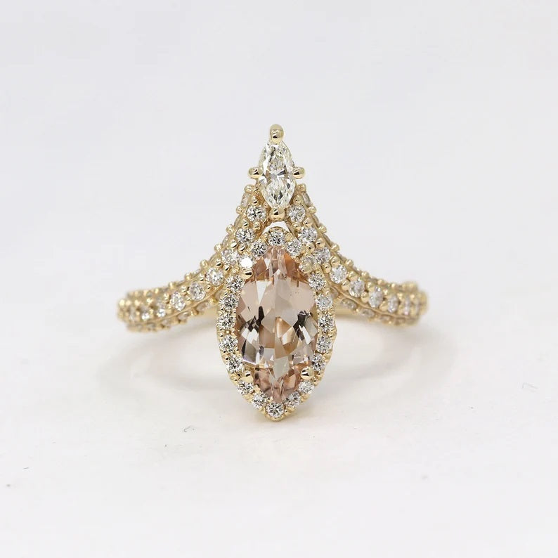 14K MARQUISE MORGANITE DIAMOND HALO CHEVRON RING