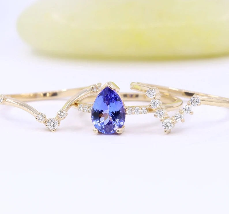 14K PEAR TANZANITE RING DIAMOND V BAND 3 RING SET