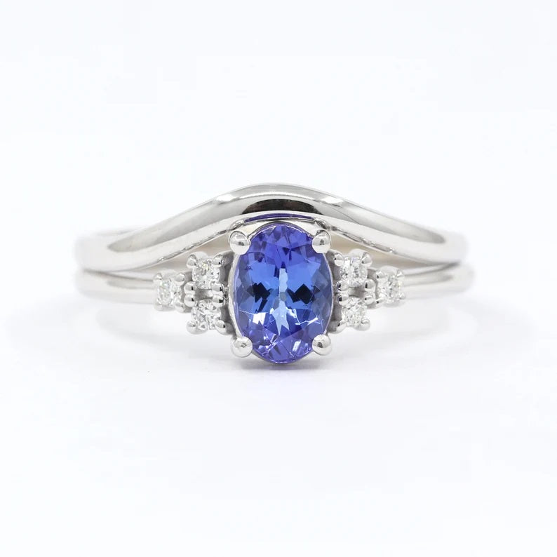 14K TANZANITE DIAMOND CLUSTER RING CURVE BAND 2 RING SET