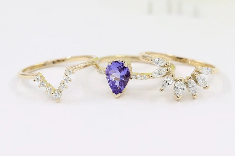 14K PEAR TANZANITE RING MARQUISE DIAMOND CROWN BAND 3 RING SET