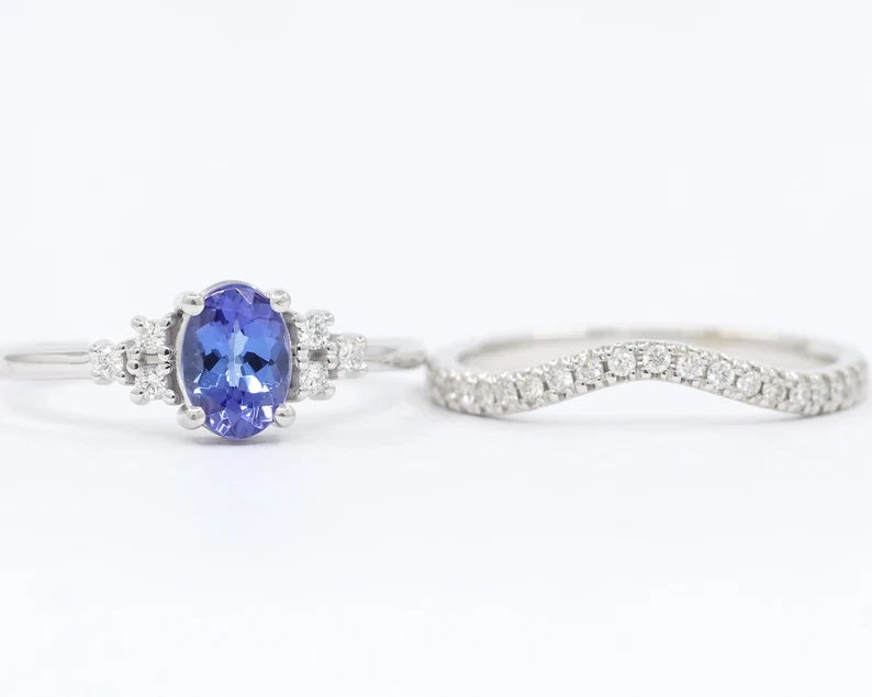 14K TANZANITE DIAMOND CLUSTER RING DIAMOND CURVE BAND 2 RING SET