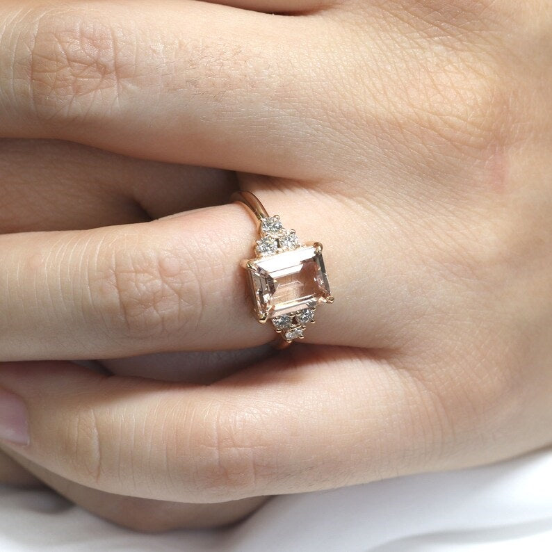 14K SQUARE MORGANITE DIAMOND CLUSTER RING