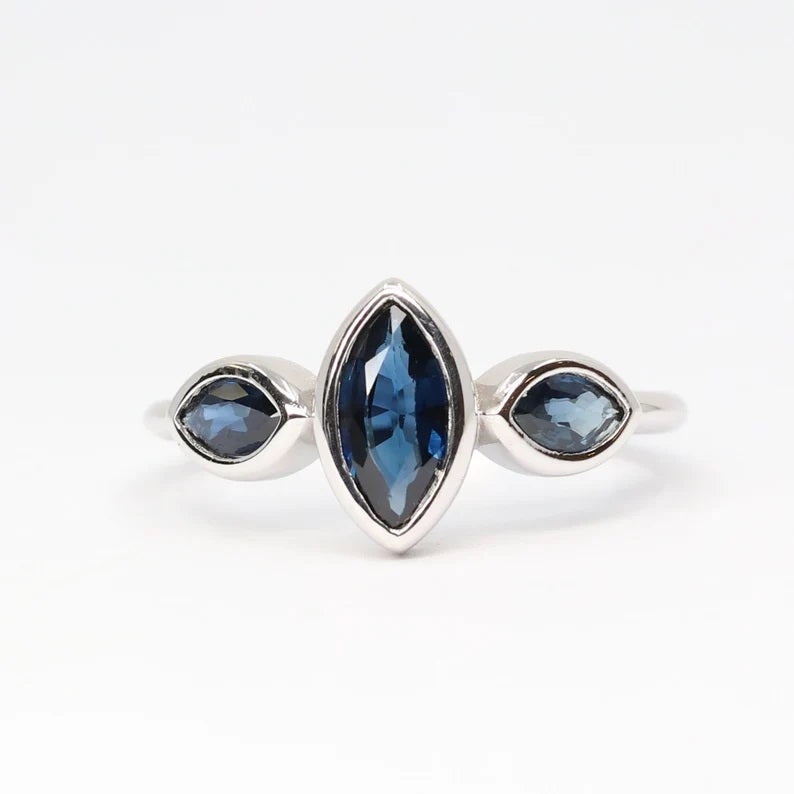 14K 3 MARQUISE SAPPHIRE BEZEL RING