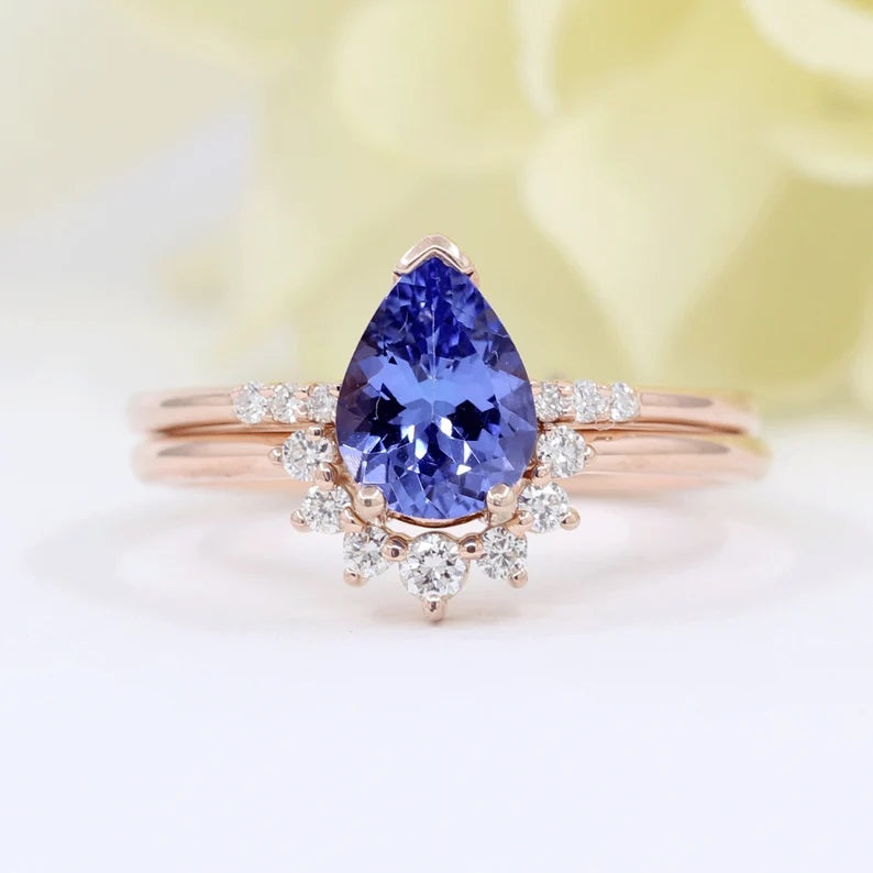 14K PEAR TANZANITE RING DIAMOND CROWN U BAND 2 RING SET