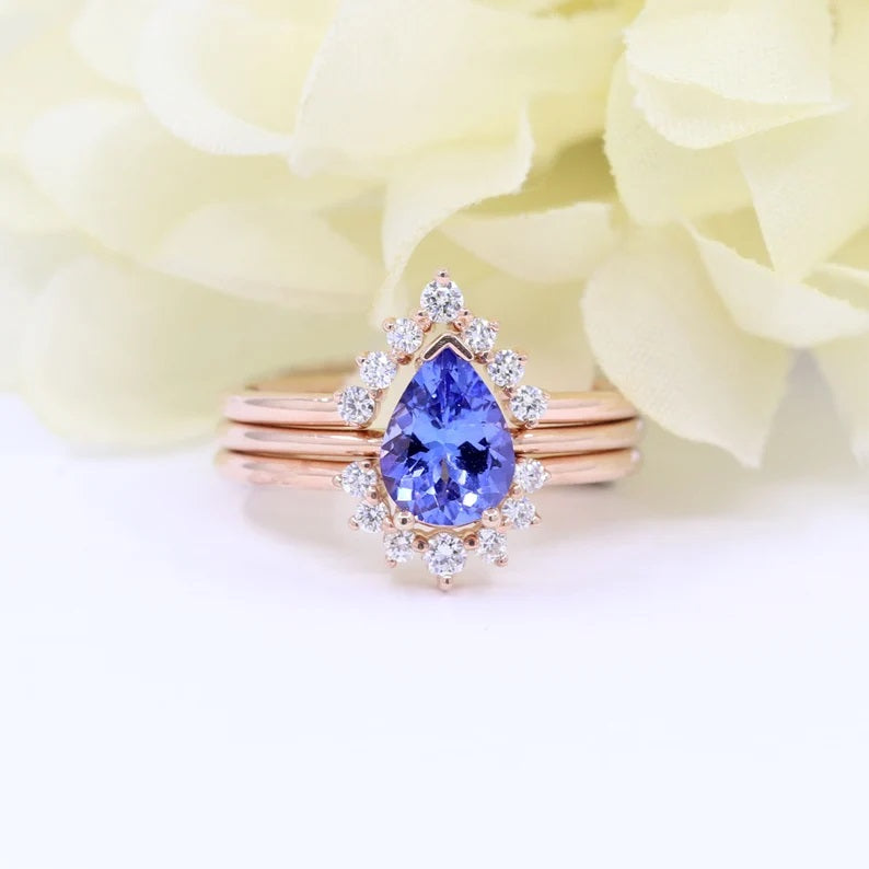 14K PEAR TANZANITE RING DIAMOND V BAND 3 RING SET