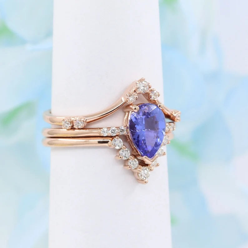 14K PEAR TANZANITE RING DIAMOND V BAND 3 RING SET