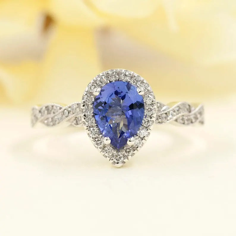 14K PEAR TANZANITE DIAMOND HALO RING DIAMOND TWIST BNAD 2 RING SET