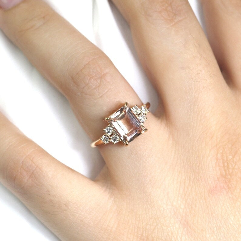 14K SQUARE MORGANITE DIAMOND CLUSTER RING