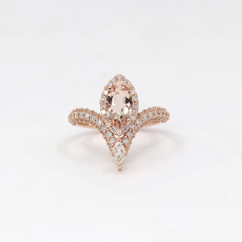 14K MARQUISE MORGANITE DIAMOND HALO CHEVRON RING