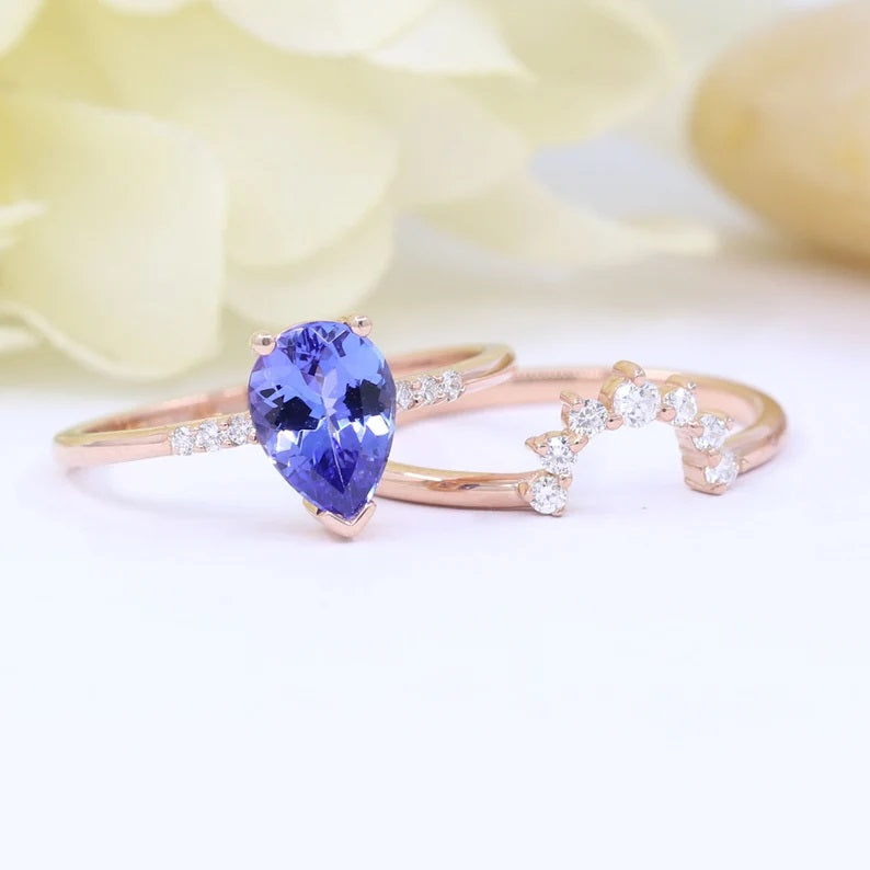 14K PEAR TANZANITE RING DIAMOND CROWN U BAND 2 RING SET