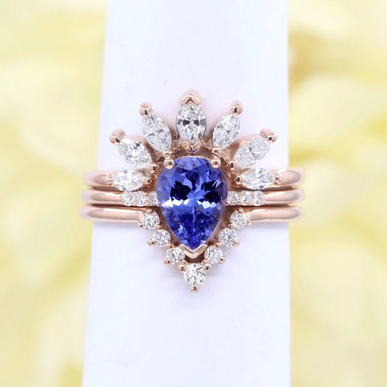14K PEAR TANZANITE RING MARQUISE DIAMOND CROWN BAND 3 RING SET
