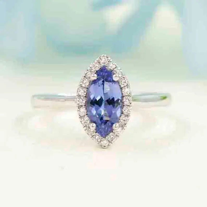 14K MARQUISE TANZANITE DIAMOND HALO RING