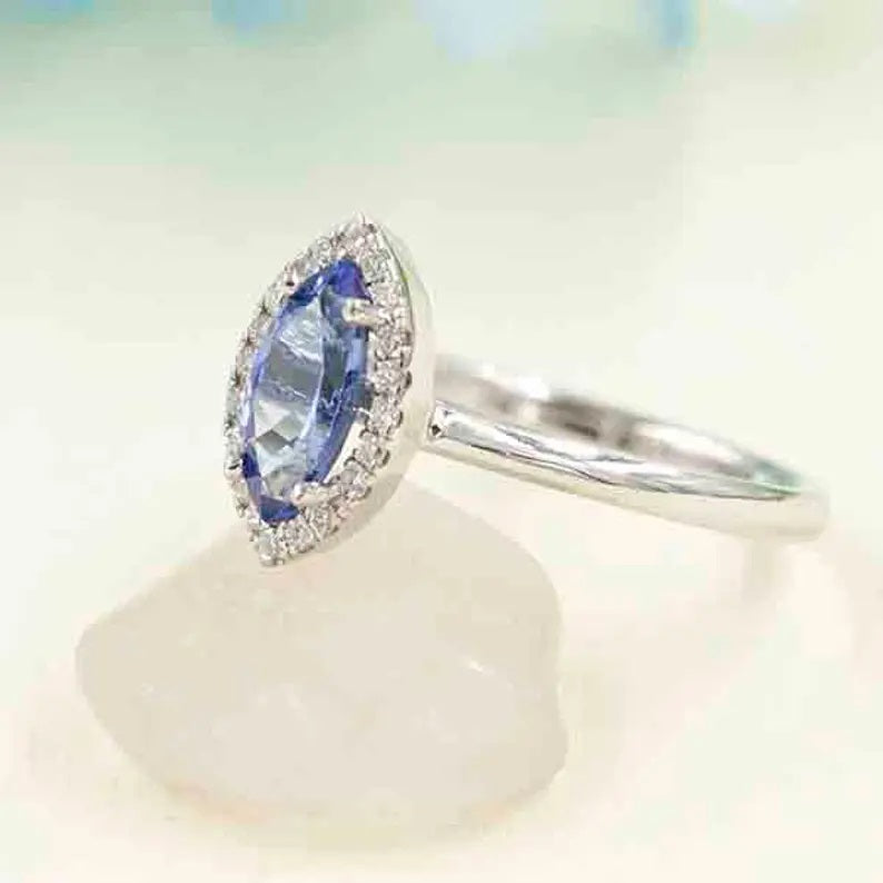 14K MARQUISE TANZANITE DIAMOND HALO RING