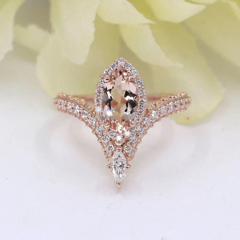 14K MARQUISE MORGANITE DIAMOND HALO CHEVRON RING