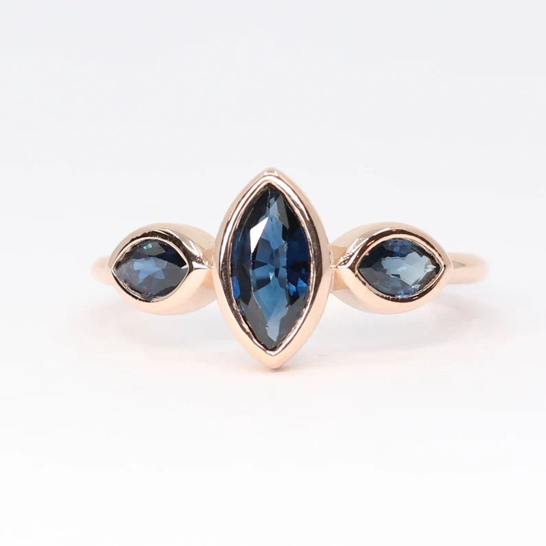 14K 3 MARQUISE SAPPHIRE BEZEL RING