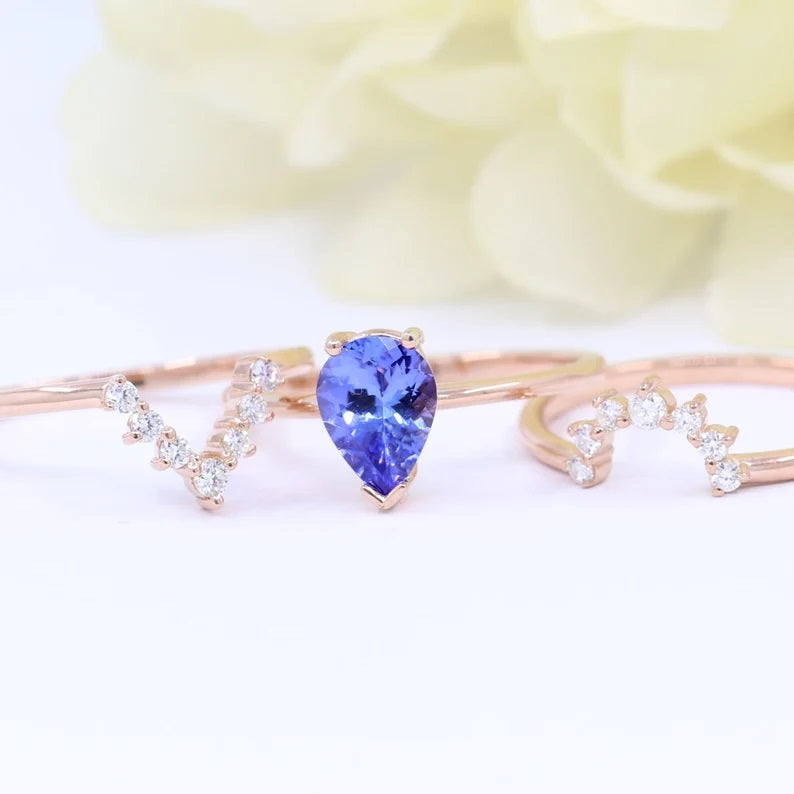 14K PEAR TANZANITE RING DIAMOND V BAND 3 RING SET