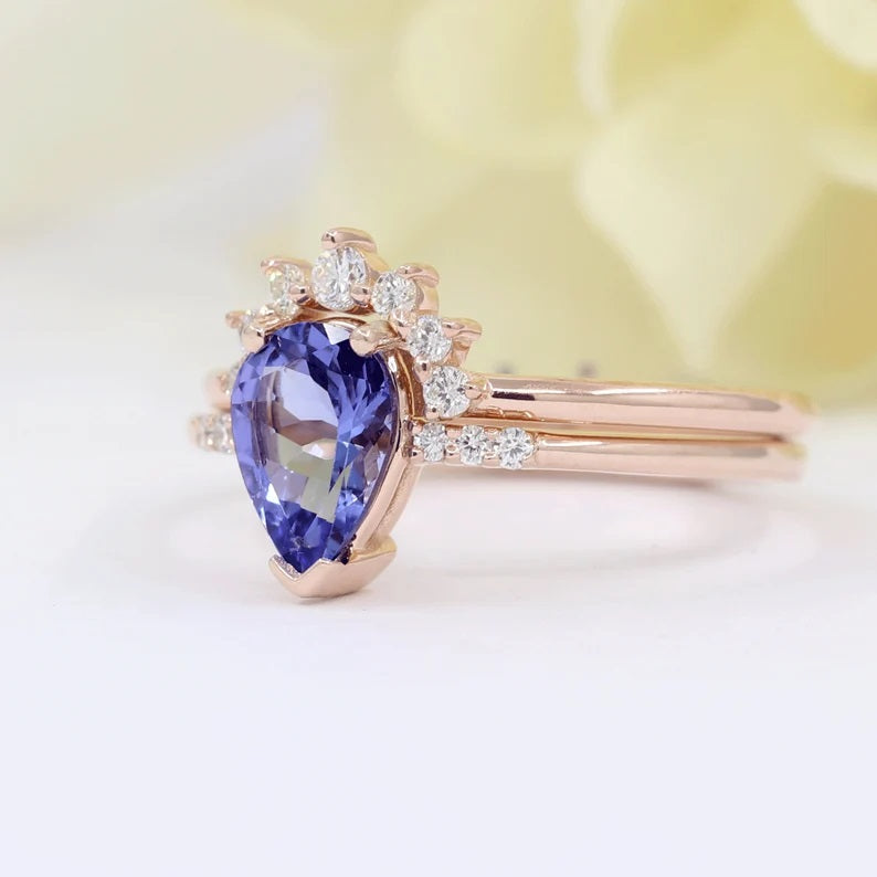 14K PEAR TANZANITE RING DIAMOND CROWN U BAND 2 RING SET