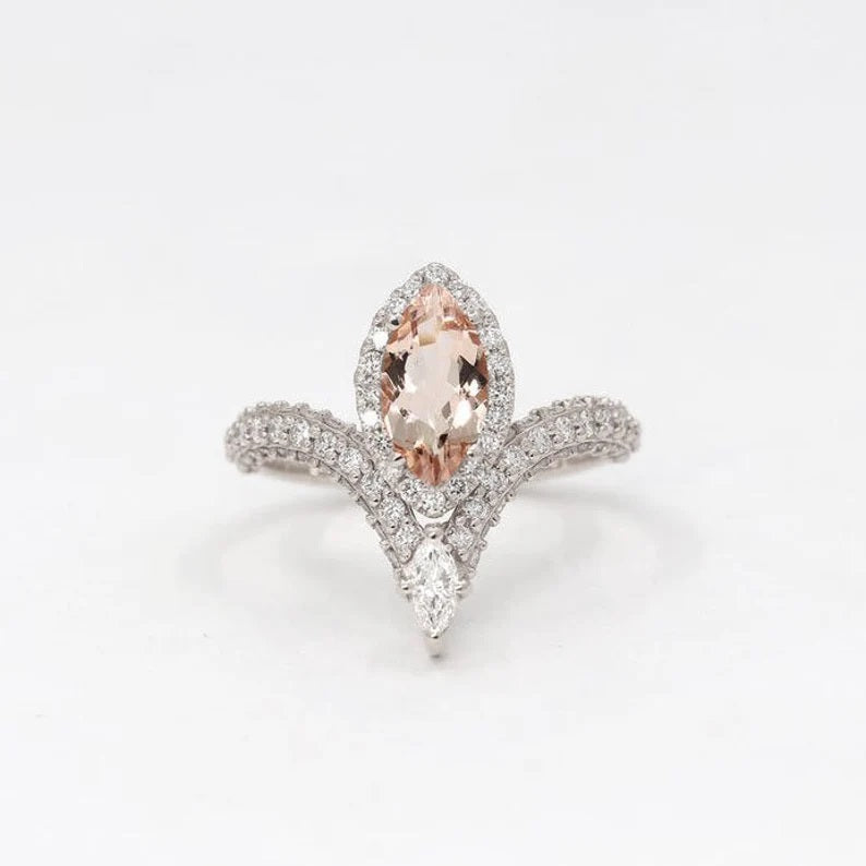 14K MARQUISE MORGANITE DIAMOND HALO CHEVRON RING