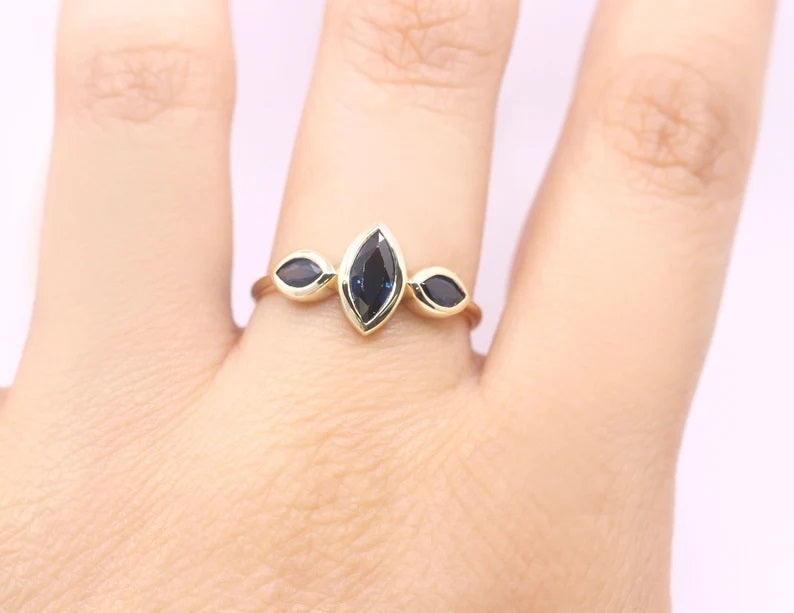 14K 3 MARQUISE SAPPHIRE BEZEL RING