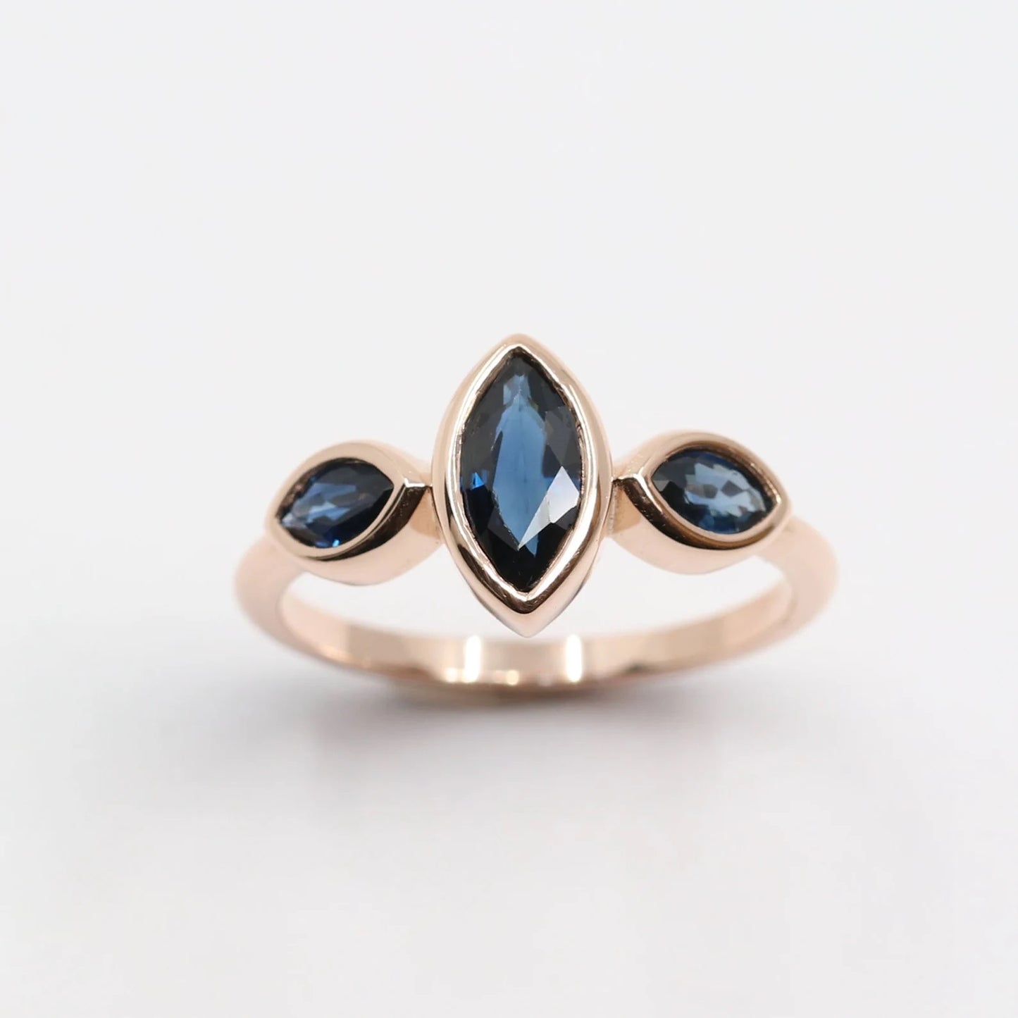 14K 3 MARQUISE SAPPHIRE BEZEL RING