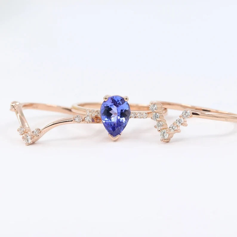 14K PEAR TANZANITE RING DIAMOND V BAND 3 RING SET
