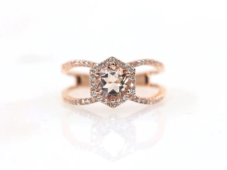 14K MORGANITE DIAMOND HALO HEXAGON DOUBLE BAND RING