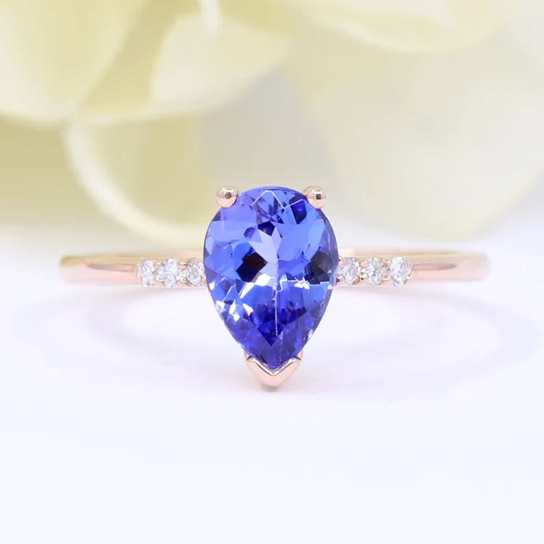 14K PEAR TANZANITE RING DIAMOND V BAND 3 RING SET