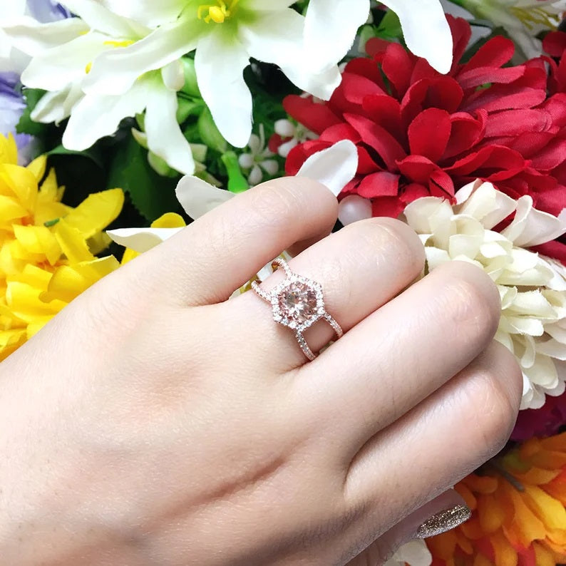 14K MORGANITE DIAMOND HALO HEXAGON DOUBLE BAND RING