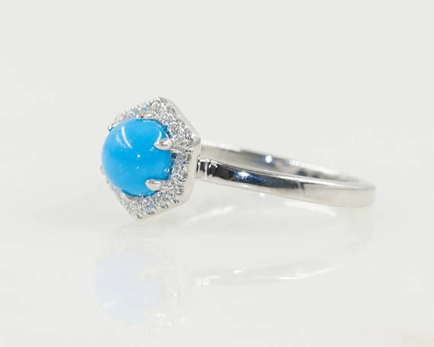 14K TURQUOISE DIAMOND HALO HEXAGON RING