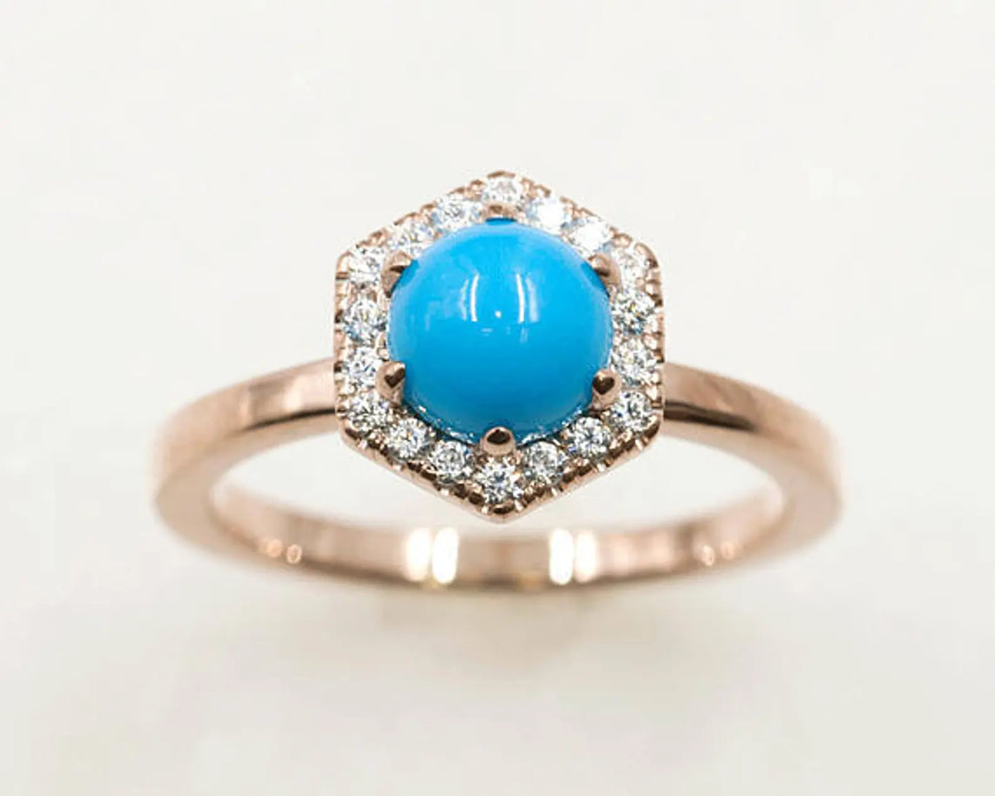 14K TURQUOISE DIAMOND HALO HEXAGON RING