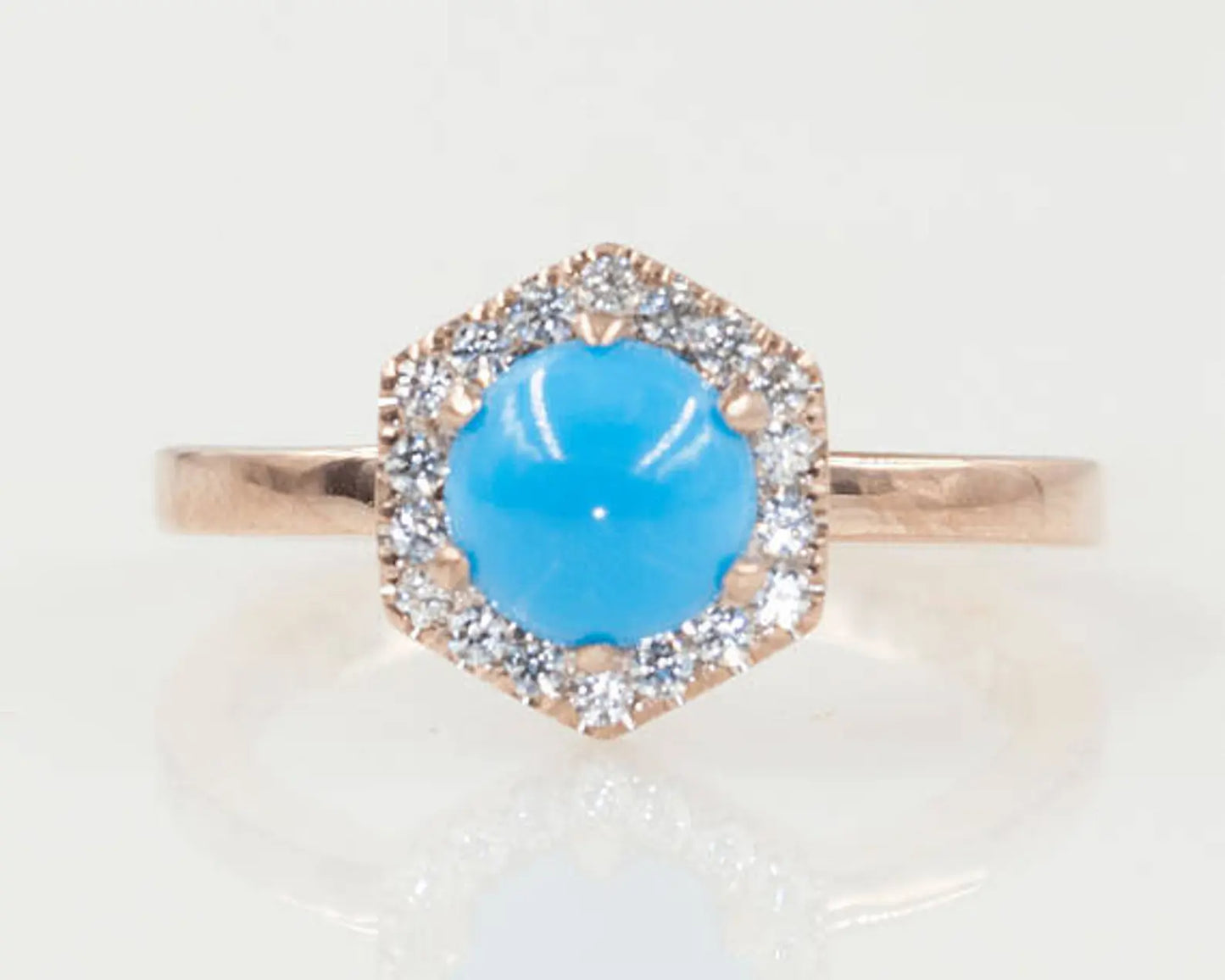 14K TURQUOISE DIAMOND HALO HEXAGON RING