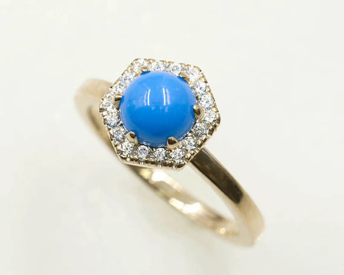 14K TURQUOISE DIAMOND HALO HEXAGON RING