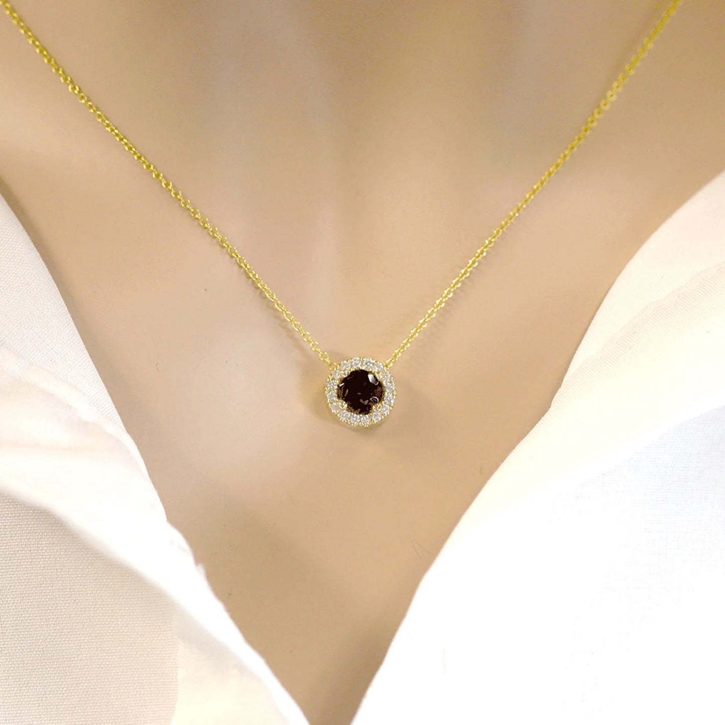 14K GARNET DIAMOND HALO NECKLACE