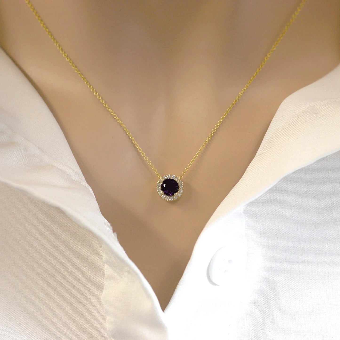 14K AMETHYST DIAMOND HALO NECKLACE