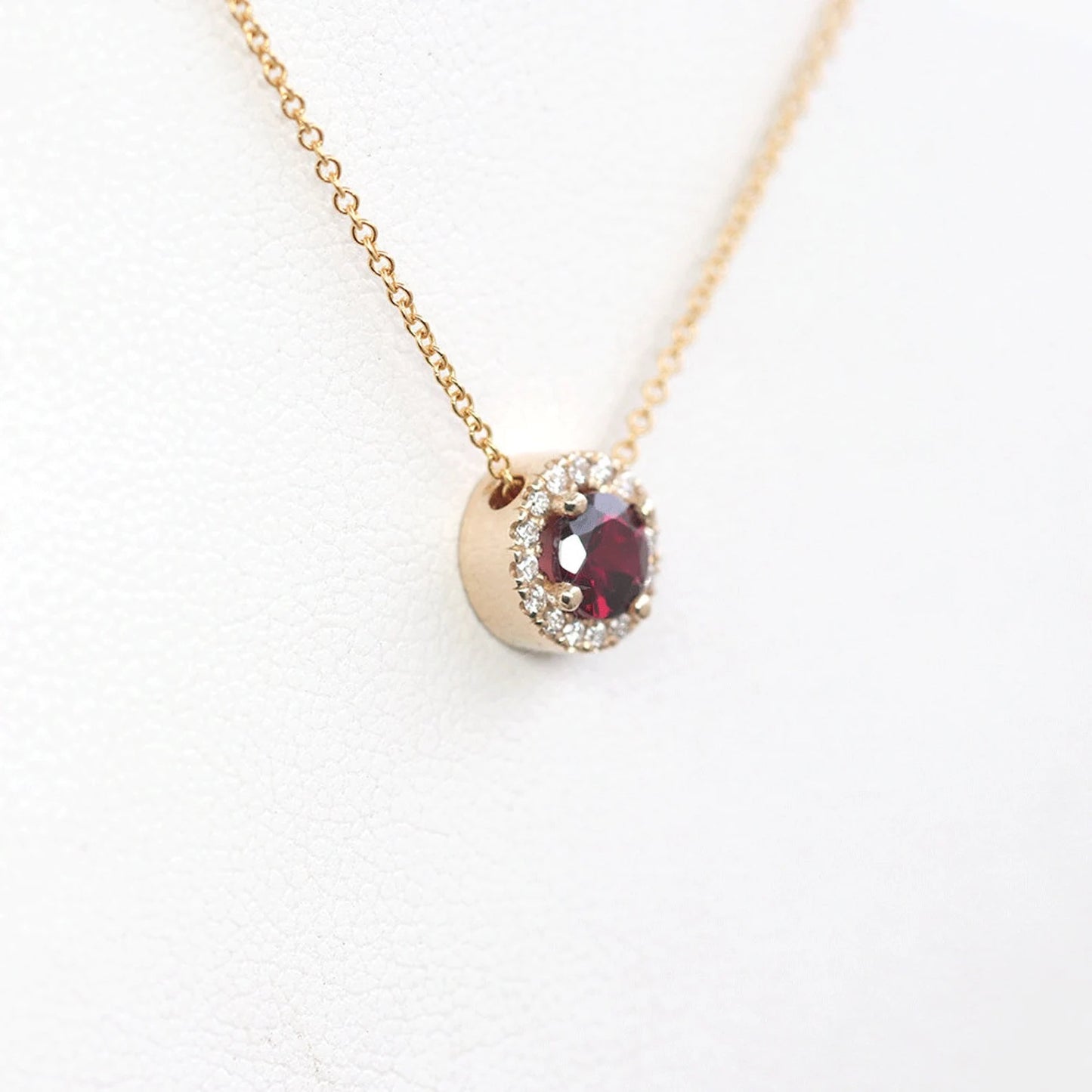 14K GARNET DIAMOND HALO NECKLACE