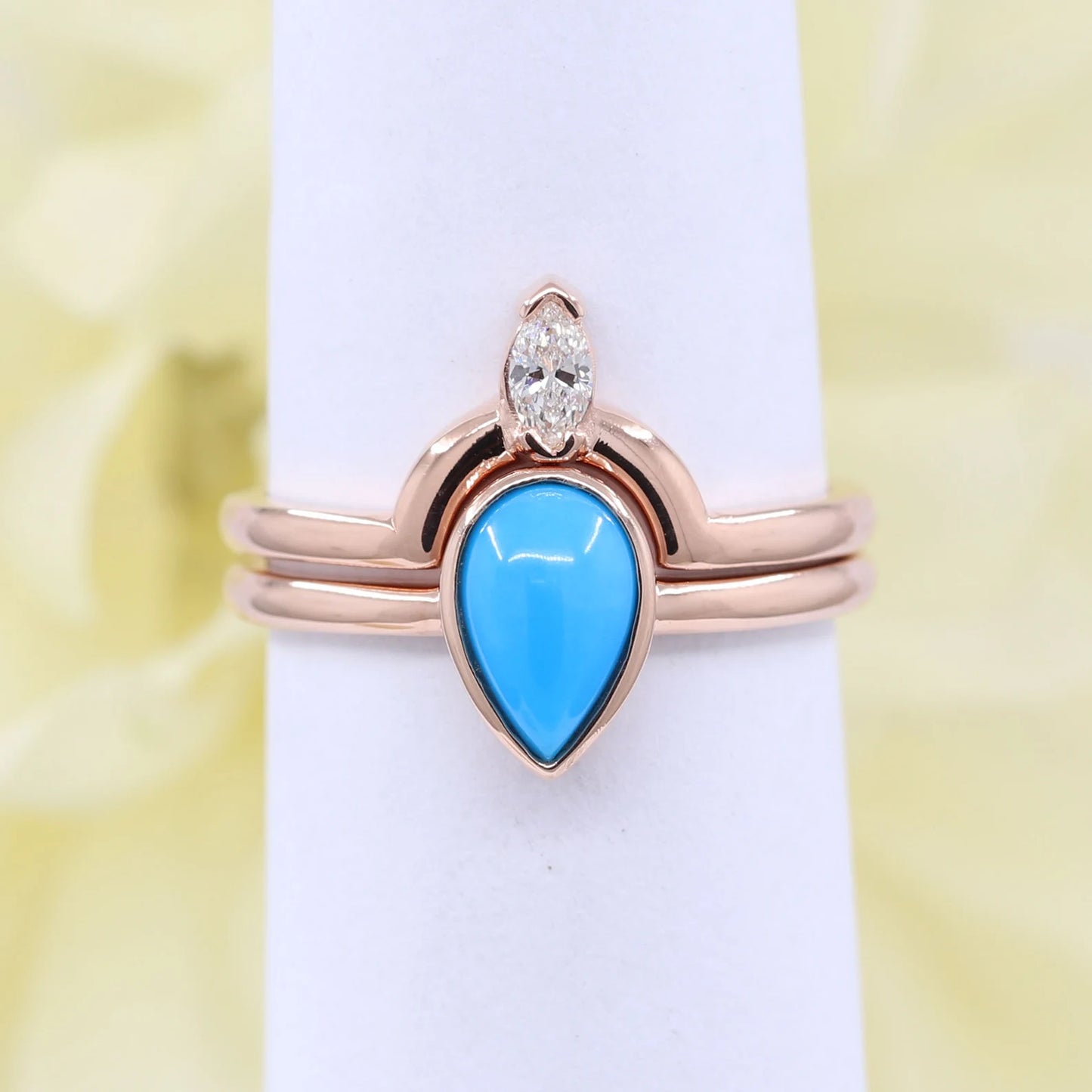 14K TURQUOISE BEZEL RING MARQUISE DIAMOND U CROWN BAND 2 RING SET