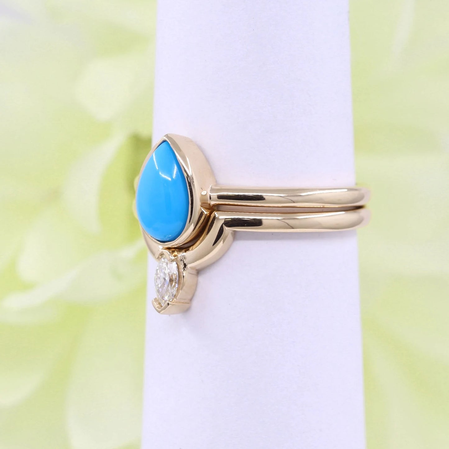 14K TURQUOISE BEZEL RING MARQUISE DIAMOND U CROWN BAND 2 RING SET