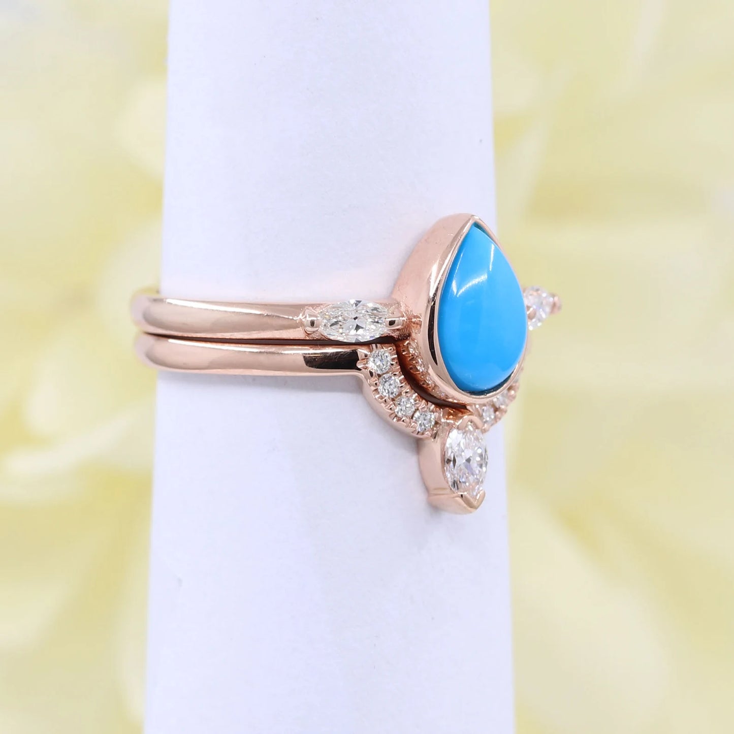 14K TURQUOISE BEZEL RING MARQUISE DIAMOND U CROWN BAND 2 RING SET