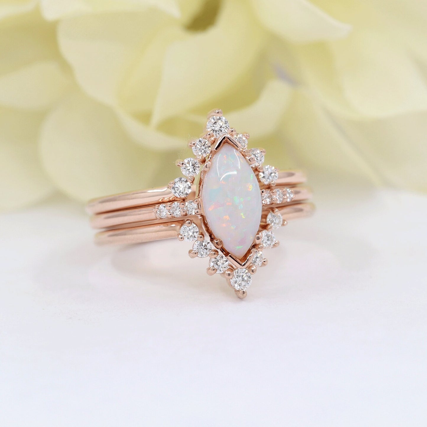 14K MARQUISE OPAL RING DIAMOND V BAND 3 RING SET