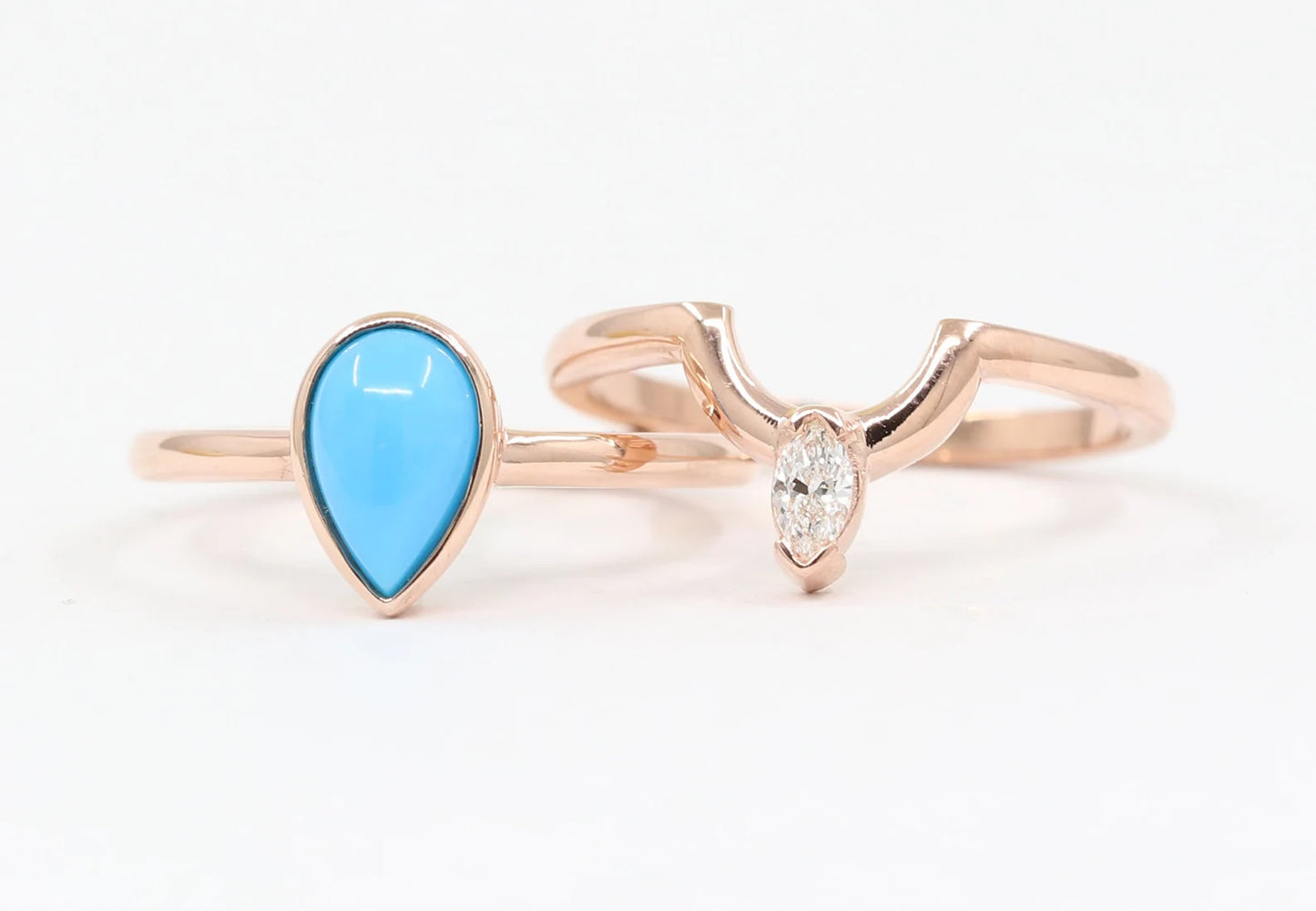 14K TURQUOISE BEZEL RING MARQUISE DIAMOND U CROWN BAND 2 RING SET