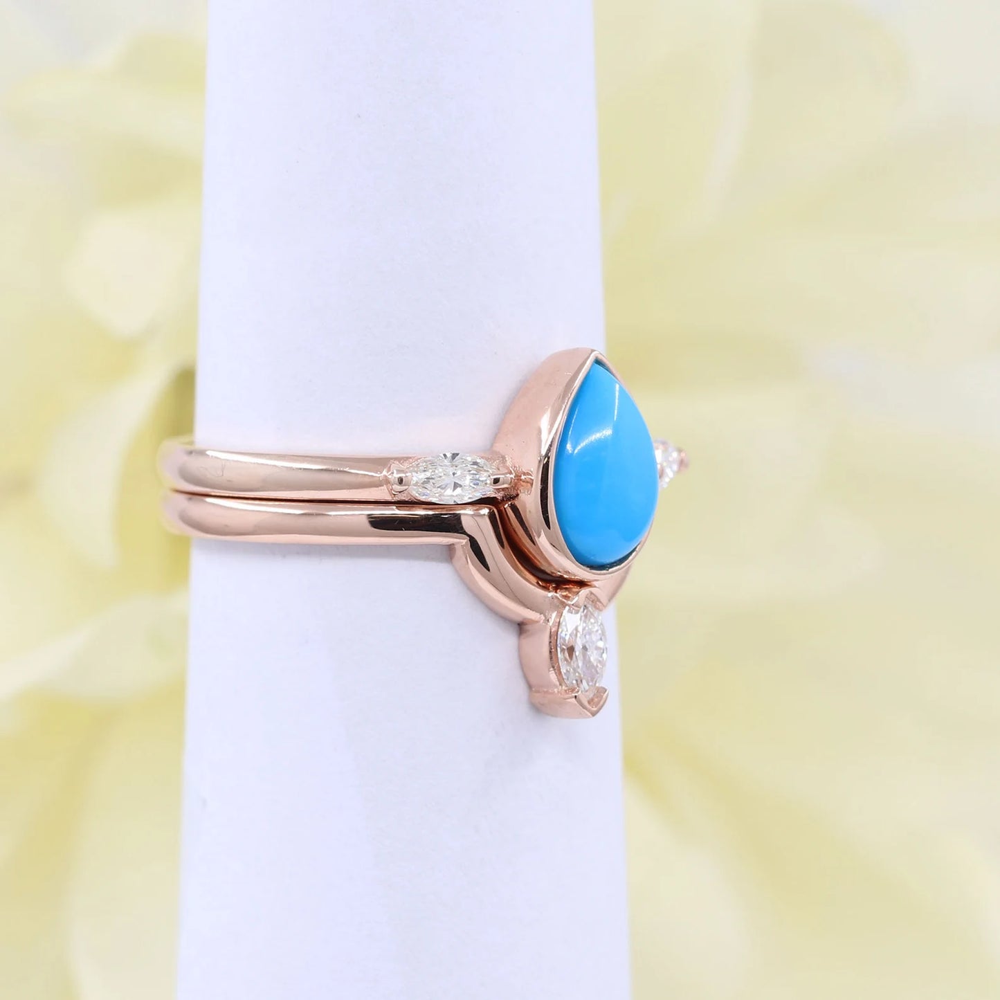14K TURQUOISE BEZEL RING MARQUISE DIAMOND U CROWN BAND 2 RING SET