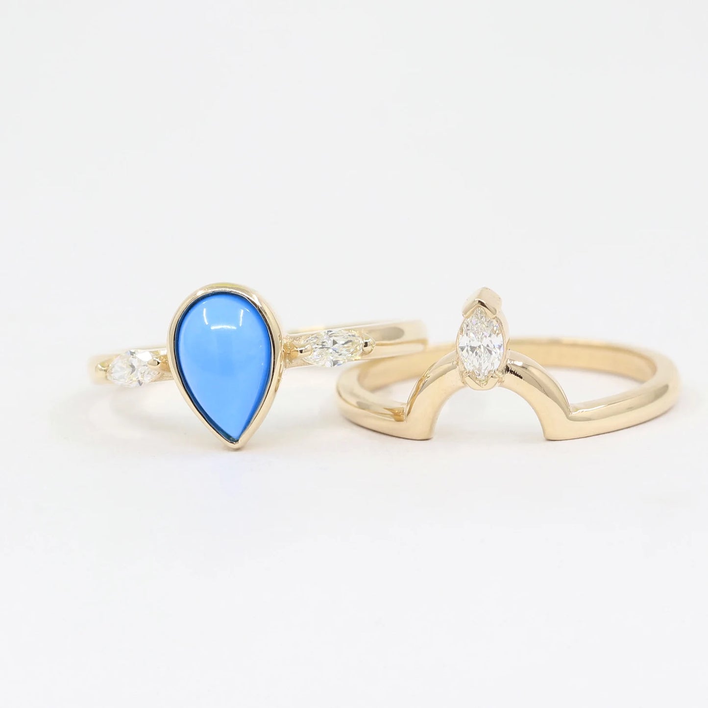 14K TURQUOISE BEZEL RING MARQUISE DIAMOND U CROWN BAND 2 RING SET